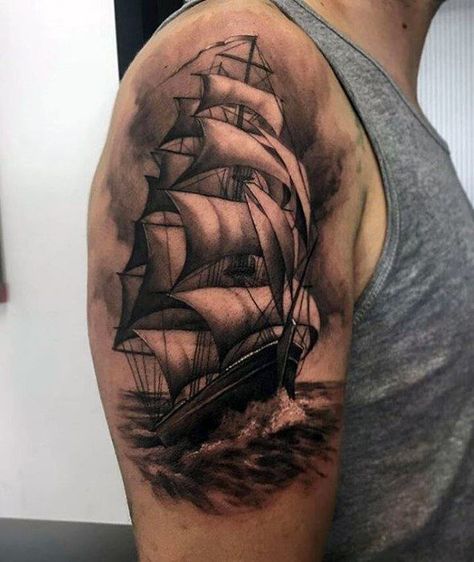 Mens Cool Sailing Ship Arm Greatest Tattoo Ideas Battleship Tattoo, Tattoo Chest Piece, Sunken Ship Tattoo, Rocket Ship Tattoo, Viking Ship Tattoo, Traditional Ship Tattoo, Pirate Ship Tattoos, Nautical Tattoo Sleeve, Places To Get Tattoos