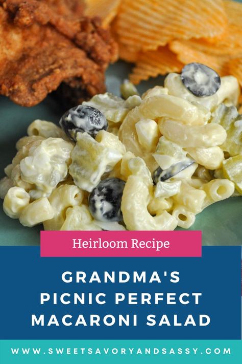 Macro shot of grandma's picnic perfect old fashioned macaroni salad served with fried chicken and potato chips. Old Fashioned Macaroni Salad, Summer Macaroni Salad, Easy Macaroni Salad, Easy Salsa Recipe, Best Macaroni Salad, Potato Pasta, Olive Salad, Macaroni Salad Recipe, Olive Recipes