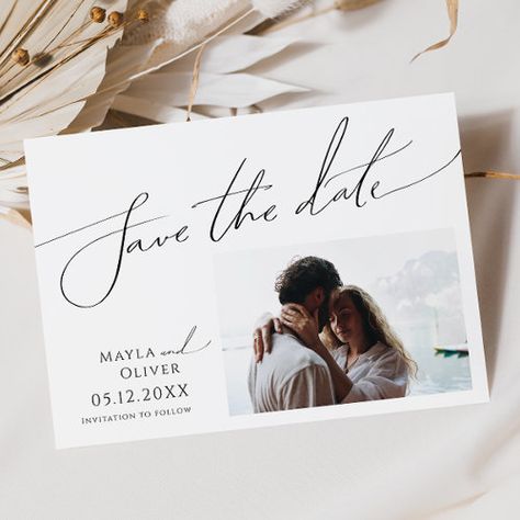 Whimsical Minimalist Script Photo Horizontal Save The Date #zazzle #weddinginvitations #birthdayinvitations #babyshowerinvitations #zazzleinvitations #monogram #businesscards #graduation #homedecor Save The Date Unique, Whimsical Minimalist, Rustic Wedding Save The Dates, Sparkling Snow, Summer Invitation, Wedding Invitation Trends, Wedding Announcement Cards, Rustic Save The Dates, Handwritten Calligraphy