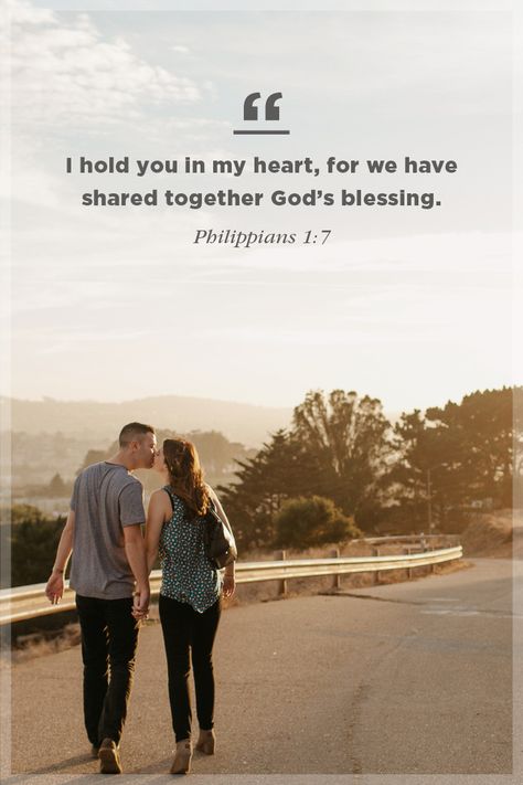 I hold you in my heart, for we have shared together God's blessing. -Philippians 1:7 Bible Quotes For Wedding Invitations, Marriage Scripture Quotes Couple, Verses For Wedding Ceremony, Couple Scriptures, Couple Bible Verses, Quotes For Married Couples, Wedding Bible Quotes, Relationship Verses, Bible Verses About Relationships