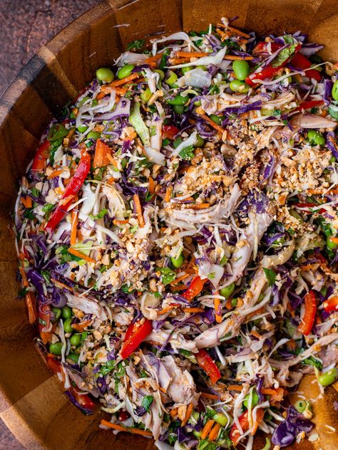 Epic Cabbage Crunch Salad with Roasted Peanut Vinaigrette Chopped Cabbage Salad, Thai Cabbage Salad, Cabbage Crunch Salad, Thai Cabbage, Pork Side Dishes, Easy Shredded Chicken, Crunch Salad, Cabbage Salad Recipes, Breakfast Specials