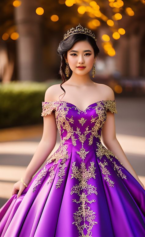 Purple And Gold Prom Dress, Purple And Gold Gown, Dark Purple Quinceanera Dresses, Gold Sweet 16 Dresses, Gold Ball Gown, Color Uva, Ball Gowns Fantasy, Purple Ball Gown, Purple Quinceanera Dresses