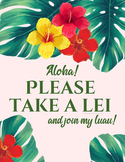 The sign to tell our guests to grab a lei and join the Luau! 🌺🍹 Grab A Lei Sign, Take A Lei Sign, Classy Luau, Luau Dance, Luau Decorations, Party Food Platters, Hawaiian Theme, 1st Birthday Party Ideas, 50th Party