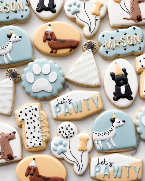 Birthday Dog Cookies, Lets Pawty Second Birthday, Dog Themed Cookies Royal Icing, Two Let The Dogs Out Cake, Dog Birthday Cookies Decorated, Dog Themed Birthday Cookies, Let’s Pawty First Birthday, Dog Party Cookies, Puppy Party Cookies