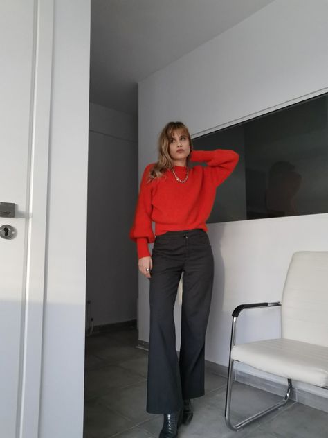 Orange Jumper Outfit, Orange Jumper, Orange Jumpers, Work Outfit Ideas, Jumper Outfit, Grey Trousers, Outfits 2023, Work Outfit, Wide Leg Pants