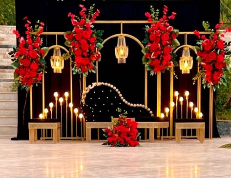 Red Wedding Backdrop, Engagement Stage Decoration, Sangeet Decor, Reception Stage Decor, Beauty And Beast Wedding, Simple Stage Decorations, Wedding Stage Backdrop, Wedding Stage Decor, Wedding Entrance Decor