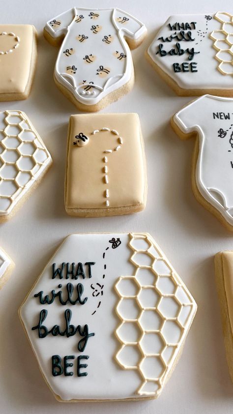 Bumble Bee Gender Reveal Ideas, Neutral Bee Gender Reveal, What Will Baby Bee Cookies, What Will The Baby Bee Gender Reveal, Bee Gender Reveal Cookies, He Or She What Will It Bee, Gender Reveal Ideas Bee, Gender Reveal Ideas Bee Theme, Bee Hive Gender Reveal