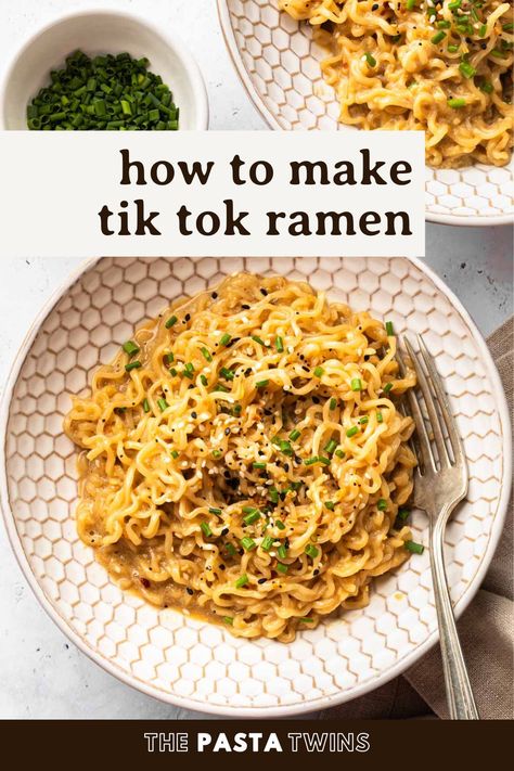 Tik Tok Ramen - The Pasta Twins Tik Tok Lunch Recipes, Tik Tok Viral Recipes, Tik Tok Ramen Noodles, Tik Tok Recipes Videos, Homemade Ramen Seasoning, Tik Tok Ramen, Raman Recipes, Tik Tok Meals, Creamy Ramen