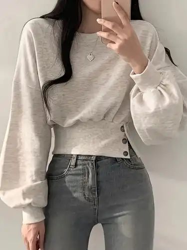 Solid Color Crew Neck Pullover Sweater Y2k Long Sleeve - Temu Canada Fall Outfits Y2k, Fall Pullover, Y2k Long Sleeve, Cropped Long Sleeve Top, Outfits Y2k, Women Long Sleeve Tops, Fall Sweatshirt, Vintage Casual, Cropped Style