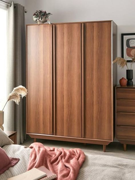 Very Home Marcel 3 Door Wardrobe | littlewoods.com Wardrobe Mid Century, Mid Century Modern Wardrobe, Japandi Wardrobe, Mid Century Closet, Realistic Apartment, Post Background, Clothing Rack Bedroom, Wooden Wardrobe Design, 3 Door Wardrobe