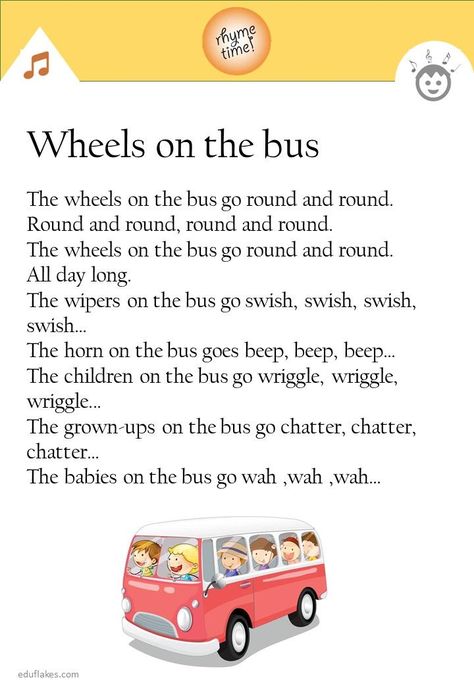 Wheel on the bus - Kindergarten rhyme Wheels On The Bus Lyrics, The Wheels On The Bus Song, Wheel On The Bus, Transportation Songs, Wheels On The Bus Song, Ride Lyrics, Rhyming Poems For Kids, Preschool Poems, English Moral Stories