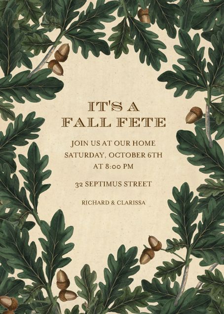 "Acorn Border" Invitation, by John Derian, Paperless Post Fall Party Invitations, Modern Classic Wedding Invitations, Online Party Invitations, Autumn Invitations, Belated Birthday Card, Fall Entertaining, Kids Birthday Themes, John Derian, Paperless Post