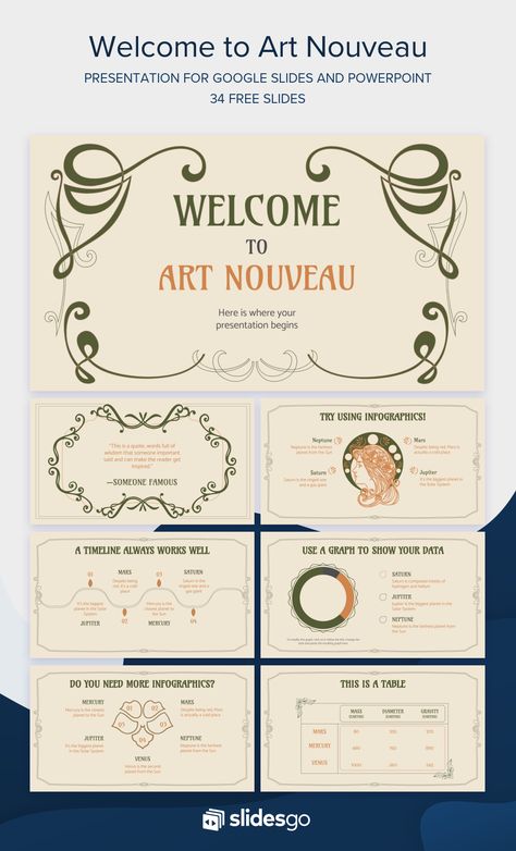 Edit and download now this Welcome to Art Nouveau presentation for Google Slides and PowerPoint, 100% free! Art Nouveau Theme, Presentation Slides Design, Powerpoint Slide Designs, Presentation Design Layout, Slides Design, Power Points, Powerpoint Design Templates, Powerpoint Presentations, Powerpoint Presentation Design