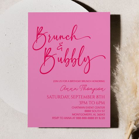 Brunch Bubbly Invitation, Brunch And Bubbly Birthday Party Ideas, 30 Birthday Brunch Ideas, Bubbles And Brunch Birthday Party, Pink Themed Brunch, Pink Birthday Brunch Ideas, Pink Brunch Theme, Brunch Birthday Party Invitation, Bday Brunch Decor