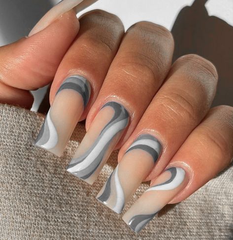 Grey Nail Ideas Acrylic Short, Grey Swirl Nails, Grey Nails Square, Grey Acrylic Nails Designs, Grey And Purple Nails, Grey Nail Ideas Acrylic, Gray Nail Ideas Acrylic, Gray Nail Ideas, Grey Nails Acrylic