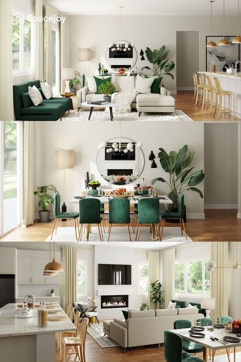 Decor ideas for home 2022 Open Space Living Room, Dining Room Layout, Layout Living Room, Green Chairs, Green Living Room Decor, Home Office Room, Living Room Dining Room Combo, Gold Living Room, Open Concept Living Room