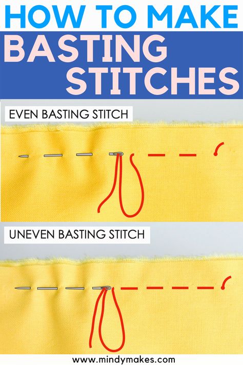 Sewing Basics: Learn all about the basting stitch, why you need them and how to sew them. Includes tutorial for even basting stitch, uneven basting stitch, and machine basting stitch. Step by step | Basting stitch by hand | Hand sewing techniques #sewingforbeginners #sewingtutorial #sewingbeginner #stitching Stitches Reference, Hand Sewing Techniques, Stitch Step By Step, Basting Stitch, Sewing Area, Hand Stitching Techniques, Beginners Sewing, Classroom Charts, Hand Stitches