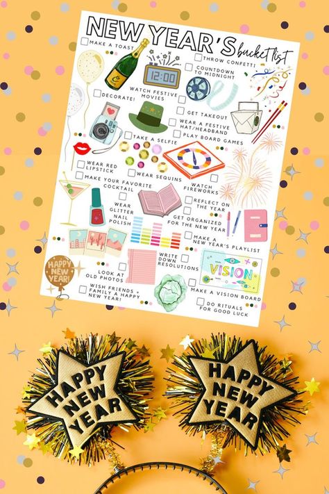 Printable New Year's Bucket List Watch Fireworks, Printable Bucket List, Make A Vision Board, Good Luck Wishes, January Bullet Journal, Bucket List Items, New Years Activities, Making A Vision Board, Winter Bucket List