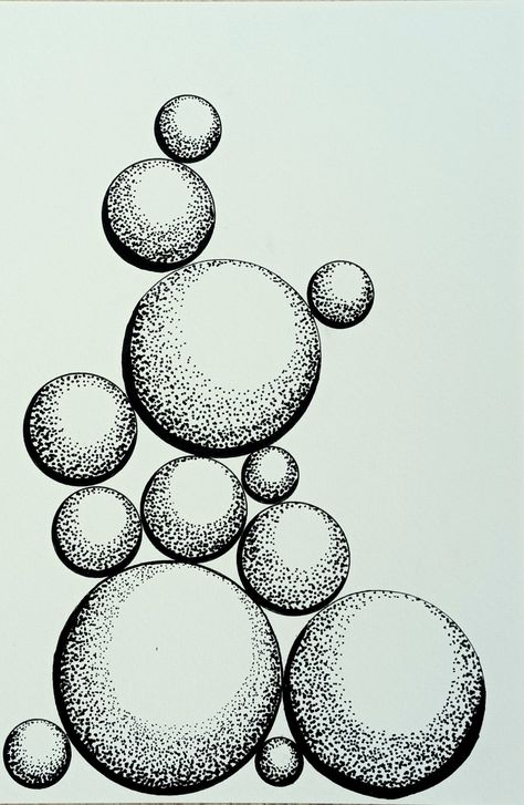 Black stippled circles shaded with stippling creating Spheres balanced on one another Easy Stippling Drawing, Dot Drawing Simple Easy, Black And White Pointillism, Stipple Art Easy, Simple Pointilism Art, Stipling Drawings Easy, Stipling Ideas Easy, Stippling Art Ideas Easy, Simple Stippling Drawing