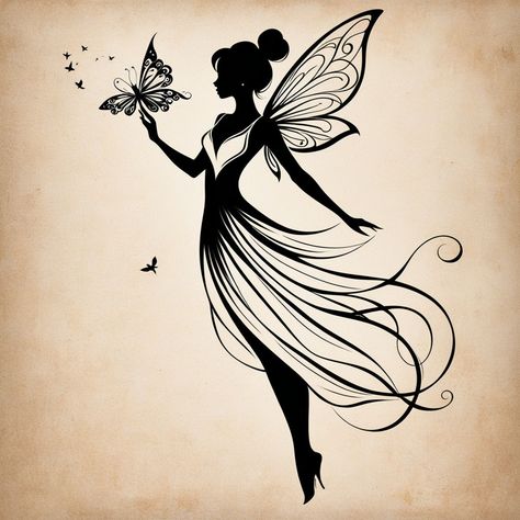 "Magical Fairy Silhouette" Black ink fairy with flowing wings and a butterfly, surrounded by subtle stars. #MagicalFairy #MinimalistTattoo #BlackInkDesign #TattooInspiration #tattooinspirationworld #tattooartist #tattoodesign #tattooart #tattooideas #ink #inktattoo #handmade #custom #artoftheday #artofthebody #creative #instaart #instagood #picoftheday #instadailypost #stunning #beautiful #femininetattoo #inspiration #inspirational #motivational #mindfulness #spiritualityandpositivity Fairy Wing Tattoos, Laser Creations, Tattoo Fixes, Fairy Silhouette, Fairy Garden Designs, Silhouette Painting, Magical Fairy, Wings Tattoo, Feminine Tattoos