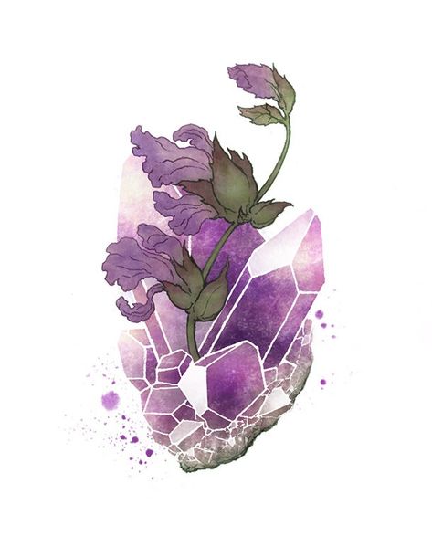 Crystals Art Drawing, Crystal Illustration, Crystal Tattoo, Crystal Drawing, Purple Sage, Mixed Media Illustration, Watercolor Inspiration, Art And Illustration, Crystal Art