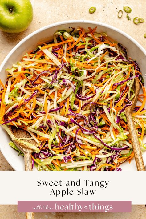 This quick and easy cabbage apple slaw recipe combines tart Granny Smith apples, crunchy shredded cabbage, and green onions in a mayo-free sweet and tangy dressing for the perfect slaw! This versatile slaw is great for topping sandwiches, burgers, or as side dish with your favorite protein. Cabbage Apple Slaw, Apple Slaw Recipe, Healthy Meals For The Week, Simple Salad Recipes, All The Healthy Things, Cabbage Slaw Recipes, Apple Coleslaw, Slow Cooker Baked Beans, Healthy Coleslaw