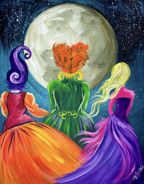 Beginners learn to paint full acrylic art lesson of the Sanderson Sisters from Hocus Pocus. this is a Great Wicked witches painting with a ton of sass. LIVE acrylic painting tutorial for new painters  This is a super simple fun halloween Project Halloween Canvas Paintings, Halloween Cake, Canvas Painting Diy, Halloween Painting, Night Painting, Beginner Painting, Painting Art Projects, Learn To Paint, Diy Canvas Art