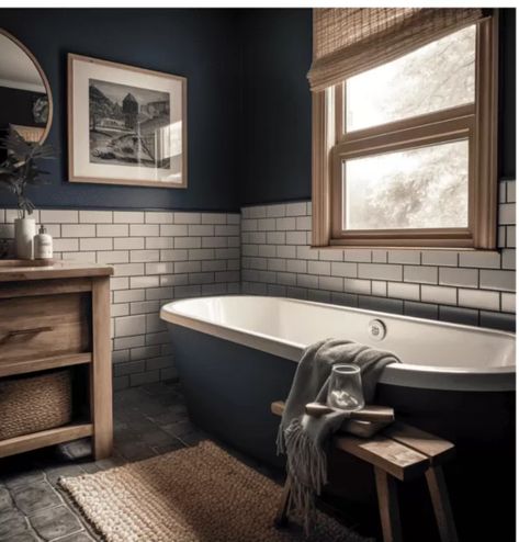 Dark Blue Tiled Bathroom, Dark Blue Master Bath, Bathroom Ideas Dark Blue, Blue And Wood Bathroom, Farmhouse Bathroom Blue, Moody Blue Bathroom, Masculine Bathroom, Bathroom With Tub, Dark Bathrooms