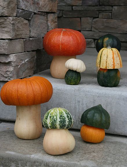 Pumpkin Gourd Toadstools (would be fun around the garden, too) Pumpkins And Gourds, Jack O Lanterns, Halloween Pumpkins Carvings, Fall Deco, Fall Decorating Ideas, Pumpkin Art, Autumn Crafts, Pumpkin Ideas, I Love Fall