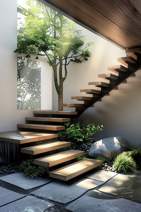 wooden floating staircase outdoor U Staircase, U Shape Staircase, Floating Staircase Ideas, U Shaped Staircase, Space Saving Staircase, Rustic Staircase, Staircase Designs, Staircase Design Modern, Staircase Ideas