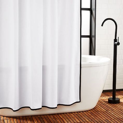 Modern Shower Curtains & Shower Curtain Rings | CB2 Teak Bath, Black And White Shower Curtain, Bath Runner, Cute Shower Curtains, Geometric Curtains, Black Shower Curtains, Large Bathroom, Blue Shower Curtains, Modern Shower Curtains