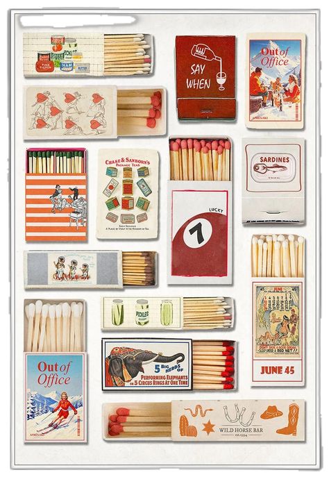 Cool Matchbox Designs, Vintage Matches Box Illustrations, Match Box Wall Art, Vintage Matchbooks Art, Photo Wall Collage Bathroom, Retro Matchbox Art, Match Box Collage, Cute Matchbooks, Vintage Matchbox Print