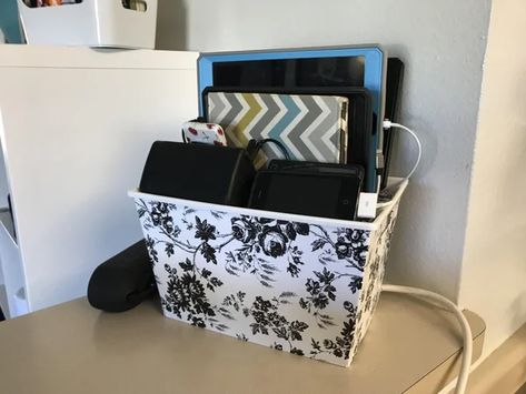 $3 Charging Station! (Dollar Tree, + Power Strip) : 7 Steps - Instructables Diy Charging Station Ideas Dollar Stores, Cell Phone Charging Station Diy, Charging Station Ideas Diy, Diy Charger Station, Diy Charging Station Ideas, Charging Station Ideas, Diy Charging Station, Diy Dollar Tree Crafts, Ipad Charging Station