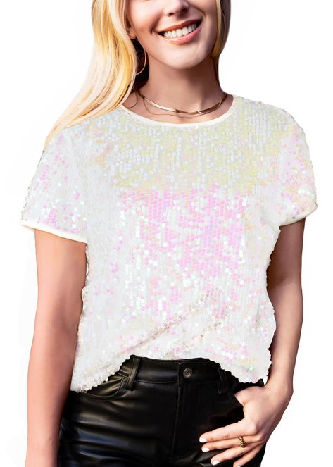 PRICES MAY VARY. SPARKLY SEQUIN TOPS. This glitter shirt tops for women made of lightweight 100% polyester fabric with a little bit of stretch, has a soft full lining that keeps you comfortable. It has durably stitched all-over sequins won't easy to come off or splitting. FULL SEQUIN PARTY TUNIC TOPS. This womens evening tops features all over shiny sequins, short sleeve, round neck, slim fitted design, glitter sequins make you stand out from the crowd, sparkly tunic tops for women dressy, spark Sparkly Sequin Top, Sparkly Shirt, Concert Party, Taylor Swift Tour Outfits, Glitter Shirt, Disco Shirt, Sparkly Top, Tops Short Sleeve, Evening Tops