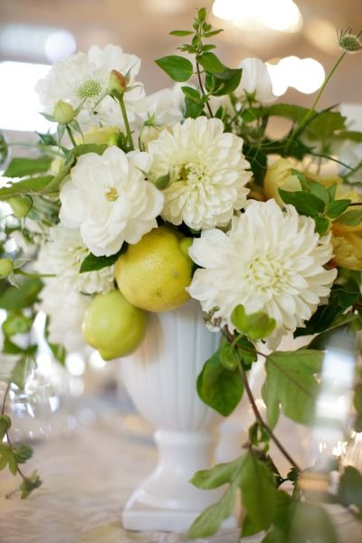 Centerpiece with pops of yellow: http://www.stylemepretty.com/2014/09/19/solage-calistoga-wedding-awash-with-yellow/ | Photography: Weddings by Sasha - http://weddingsbysasha.com/ Lemon Centerpieces, Lemon Flower, Lemon Flowers, Yellow Wedding, Deco Floral, Arte Floral, Flower Centerpieces, Floral Centerpieces, Floral Wall Art