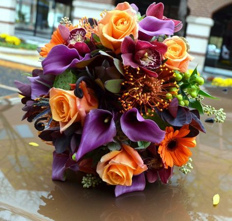 Our bouquet made into Flower Shop Networks Blog this week ~ Beautiful bouquet by Monday Morning Flowers, Princeton NJ Fall Bridal Bouquet October, Wedding Bouquets Purple, Fall Flower Centerpieces, Purple Autumn, Orange Lilies, Bridal Bouquet Fall, Autumn Orange, Purple Bouquet, Fall Wedding Bouquets