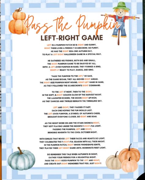 Thanksgiving Left Right Game Free, Left Right Thanksgiving Game, Left Right Center Game, Thanksgiving Game Ideas, Left Right Game, Left Right Center, Pumpkin Games, Christmas Gift Exchange Games, Gift Exchange Games