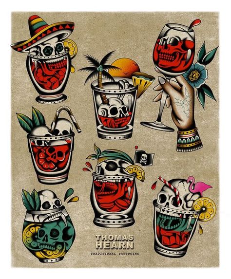 Thomas Hearn on Instagram: "Last orders cocktail club 🍹 These skull cocktails are definitely one my favourite things to tattoo. Thanks to everyone who’s picked up one of these so far. Let me know which is your favourite." Things To Tattoo, Beer Tattoos, Traditional Tattoo Drawings, Traditional Tattoo Old School, Sailor Jerry Tattoos, Traditional Style Tattoo, Traditional Tattoo Sleeve, Old School Tattoo Designs, Traditional Tattoo Design