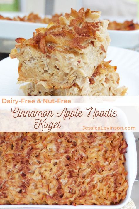 This dairy-free, nut-free cinnamon apple noodle kugel is a sweet and comforting side dish traditionally served on Rosh Hashana and other Jewish holidays. Get the recipe at JessicaLevinson.com | #RoshHashana #JewishFood #noodlekugel Apple Cinnamon Noodle Kugel, Apple Kugel Rosh Hashana, Noodle Kugel Recipe Non Dairy, Side Dishes For Rosh Hashana, Rosh Hashana Kugel, Dairy Free Noodle Kugel, Peach Kugel Recipe, Rosh Hashana Side Dish Recipes, Rosh Hashanah Noodle Kugel