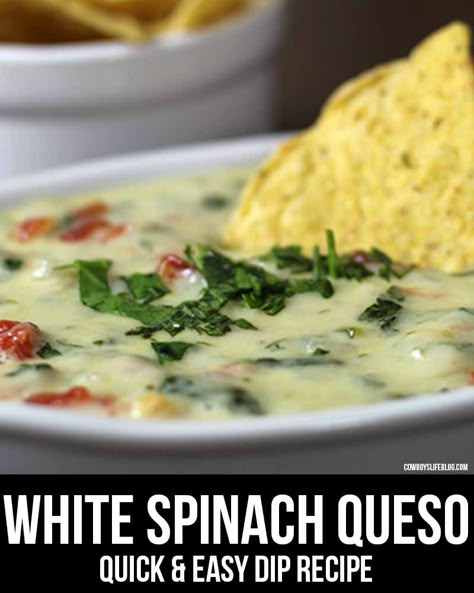 Recipes With White Queso, Chilis White Spinach Queso Dip, Spinach Con Queso Dip, Spinach Queso Dip Crockpot, White Spinach Queso Dip, Queso Spinach Dip, Spinach Queso Dip, Queso Dip Easy, Spinach Queso