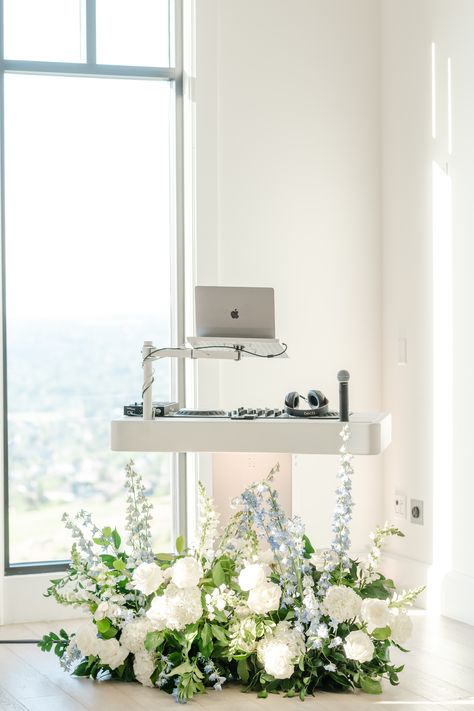 Wedding Dj Booth Decor, Floral Hedge, Wedding Dj Booth, White Spray Rose, Blue Floral Decor, White And Blue Wedding, Dj Stand, Hydrangea White, White Spray Roses