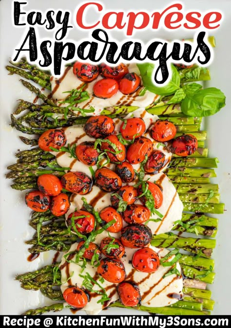 This recipe for Caprese Asparagus is a crowd-pleaser! The crisp roasted asparagus pairs perfectly with blistered tomatoes, melted mozzarella, and fresh basil. Caprese Asparagus, Proscuitto Recipe, Recipes With Mozzarella Cheese, Blistered Tomatoes, Mediterranean Appetizers, Best Asparagus Recipe, Asparagus Casserole, Asparagus Recipes Roasted, Caprese Recipes