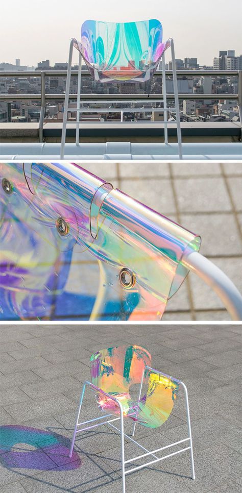 Irridescent Furniture, Holographic Architecture, Polycarbonate Furniture, Holographic Furniture, Iridescent Furniture, Opal Aesthetic, Transparent Furniture, Dichroic Film, Light Furniture