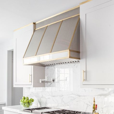 Stainless Steel Kitchen Hood with Brass Trim, Transitional, Kitchen Kitchen Hood Ideas, Kitchen Hood Design, Kitchen Vent Hood, Oven Hood, Transitional Kitchen Design, Stainless Steel Hood, Kitchen Hood, Stainless Backsplash, White Shaker Cabinets