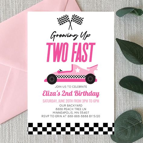 Growing Up 2 Fast Birthday Theme Girl, Race Car 2nd Birthday Party, Car 2nd Birthday Party, 77 Birthday, Pink Race Car, Car Birthday Party, 2nd Birthday Party For Girl, Baby Birthday Invitations