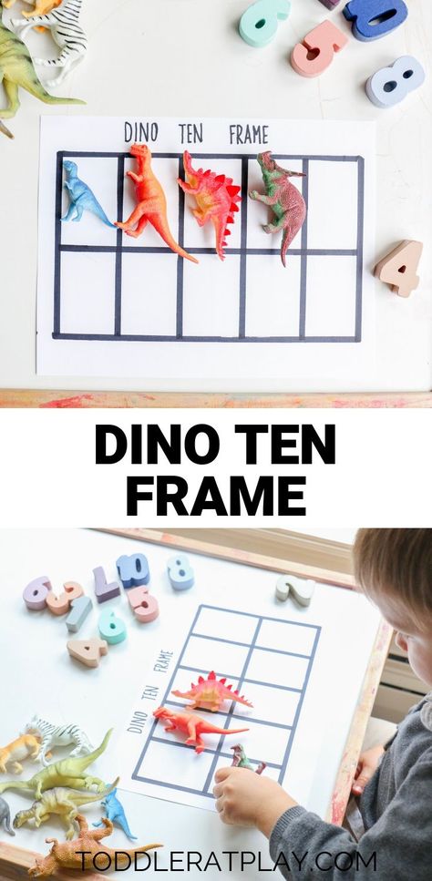 This ten frame is super fun and inviting and helps toddlers and preschoolers learn counting, numbers and number sense!  #tenframe #dinotenframe #countingactivity Division Math Games, Ten Frames Kindergarten, Homeschooling Activities, Preschool Activities At Home, Number Sense Kindergarten, Math Graphic Organizers, Math Centers Middle School, Common Core Kindergarten, Math Number Sense