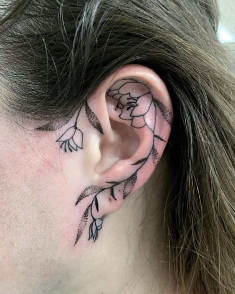 Plant Ear Tattoo, Side Ear Tattoo Women, Ear Tattoo Floral, Behind The Ear Tattoo Ideas Flower, Front Ear Tattoo, Floral Ear Tattoo, Ear Tattoo Flower, Flower Ear Tattoo, Ear Tattoos Women