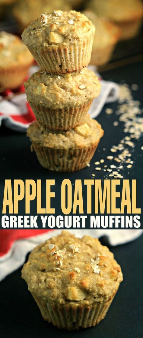 These Apple Oatmeal Greek Yogurt Muffins are bursting with apples and oats. They make for a healthier muffin made with NO butter or oil! Perfect for breakfast, dessert or a light snack. Oatmeal Greek Yogurt Muffins, Oatmeal Cupcakes, Greek Yogurt Muffins, Yogurt Muffins, Apple Oatmeal, Greek Yogurt Recipes, Blueberry Oatmeal, Apple Muffins, Light Snacks