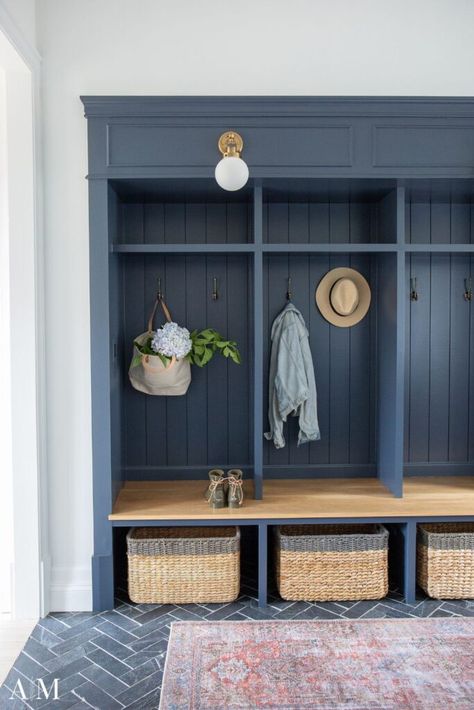 Navy Mudroom, Brick Colonial House, Hale Navy Benjamin Moore, Small Mudroom, Mudroom Remodel, Mudroom Cabinets, Mudroom Lockers, Room Accent Wall, Hale Navy