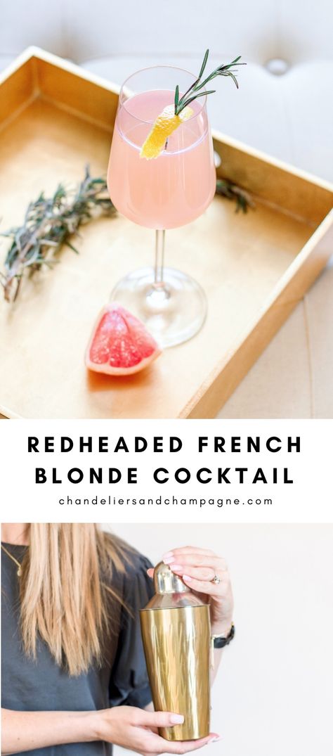 Redheaded French Blonde Cocktail Recipe • Chandeliers and Champagne Vodka Craft Cocktail Recipes, French Blonde Cocktail, Shaker Cocktail Recipes, Craft Cocktails Recipes, French Blonde Cocktail Recipe, Cocktail Shaker Recipes, French Blonde, Fancy Cocktails Recipes, Sparkling Cocktails